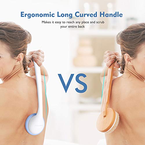 Back Scrubber for Shower, KIWIHOME Back Washer Body Brush, Silicone Body Scrubber with Long Handle Cleans Body Easily for All Skin, 2 Sponges Makes More Bubbles (Blue)
