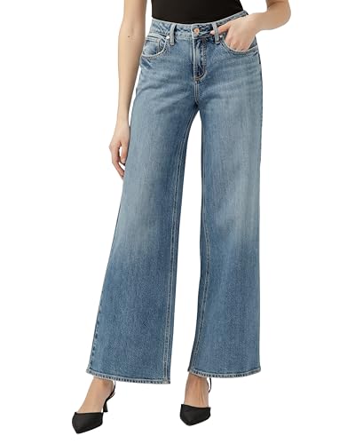Silver Jeans Co. Women’s Suki Mid Rise Curvy Fit Wide Leg Jeans, Med Wash