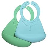 Waterproof Silicone Bibs with Food Catcher Pocket for Baby and Toddler, 2 Pack (Pearl - Green / Turquoise), Homwe