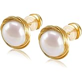 AKOCIDY Gold-Plated Freshwater Cultured Pearl Stud Earrings | Genuine Real Pearl Jewelry for Women