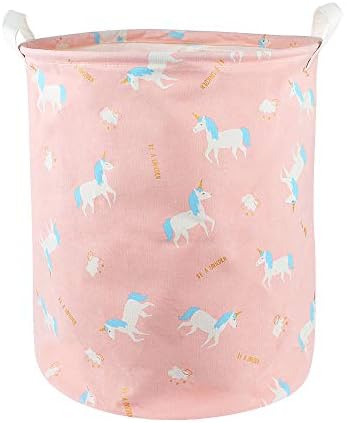 Volowoo Laundry Basket,Foldable Unicorn Toy & Laundry Round Storage Organizer Bin with Handles for Kids Room Clothes Nursery Basket