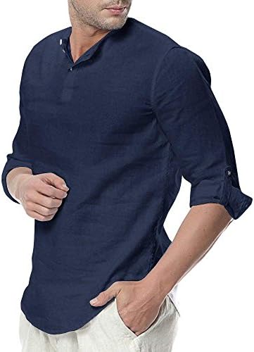 ShallGood Men Summer Shirts Linen Long Sleeve Stand Collar Regular Fit Solid Color Top Loose Blouse Business Shirt Soft Breathable Grandad Oxford Beach Casual Shirts