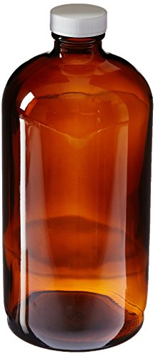 JG Finneran 9A-175-2 Amber Borosilicate Glass Precleaned Boston Round Bottle with White Polypropylene Closure and PTFE Lined, 33-400mm Cap Size, 1000mL Capacity (Pack of 12)