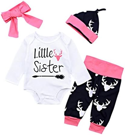 Jchen(TM) for 0-18 Months Fashion Newborn Infant Baby Girl Letter Little Sister Arrow Print Long Sleeve Tops+Deer Print Pants+Headband+Hat Outfits 4PCS Summer Autumn Clothes Set (Age: 3-6 Months)