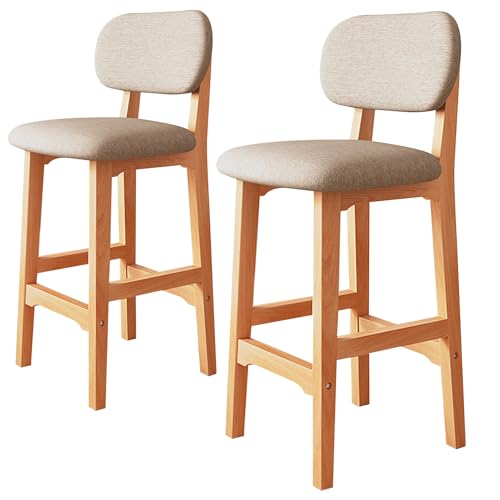 DAYONG Wooden Bar Chairs Set of 2, Bar Stools with Back Upholstered,Modern and Simple High Bar Stools, Chairs For Home Kitchen Restaurant Counter (Light Khaki, 65CM - 2Pcs)