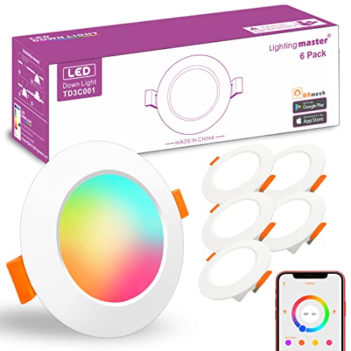 Led Downlights for Ceiling 3 inch 7W for Alexa，Bluetooth Smart Ceiling Spot Lights By APP Control，Recessed Lights Warm White - Colour Changing RGB Lighting for Living Room et (Cutout φ68-85mm) 6pack