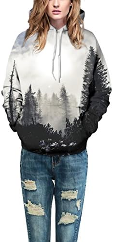 Keepforeverlove Misty Forest Digital Printing Hoodie, Fashion Long Sleeve Hoodie Sweatershirt L
