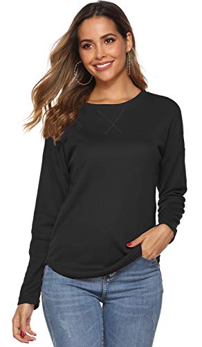 POGTMM Womens Casual Long Sleeve Tops Round Neck Fall Waffle Knit Shirts Loose Tunic Tops(M,Black)