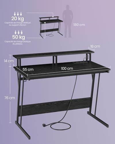 Bureau Gaming avec LED et Multiprise, Table Gamer, Bureau Informatique avec Rehausseur d’Écran, pour 2 Ordinateurs, Chambre, 100 x 55 cm, Noir Boisé LWD191B56V2
