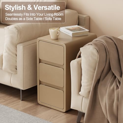 AQIMUELE Small Bedside Table Slim Bedside Table with 3 Drawers, Narrow Side Table Assembled with Leather Surface for Bedroom, 30cm (Khaki)