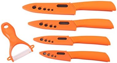 Ceramic Knives, 5-Piece Kitchen Ceramic Knife Set (Orange) in 6-Colors with Protective Sheaths, Vegetable Peeler &amp; Gift Box. Super Sharp, Rust Proof, and Stain Resistant - By Tyeideas