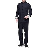 Men's Linen Kung Fu Suit Traditional Chinese Martial Art Uniform Long Sleeve Mandarin Jacket Pants Tai Chi Set