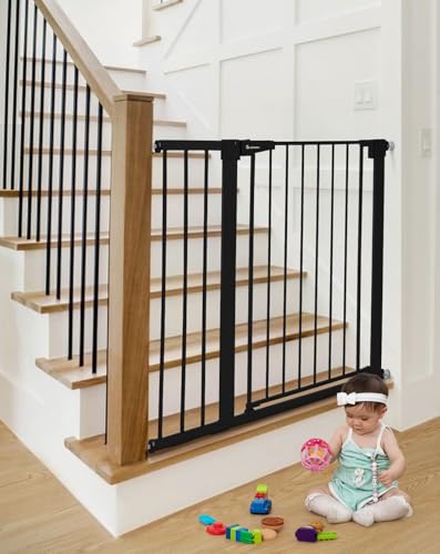 COMOMY Dog Gate 36" Extra Tall, 75-103cm Large Width Baby Safety Gate Automatic Closing, Durable Child Safety Barrier for Stairs, Pressure Mounted, Black