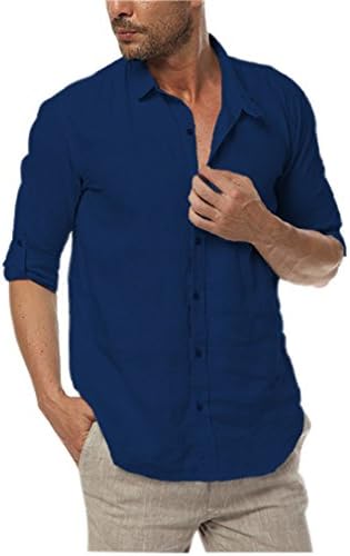 East Castle Mens Casual 100% Linen Comfort Long Sleeve Button Up Shirt Navy US XX-Large