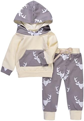 Newborn 2PCs Baby Boy Girls Deer Printing Long Sleeve Hoodie Tops Sweatsuit + Pants Outfit Sets (80(6-12M), Beige)