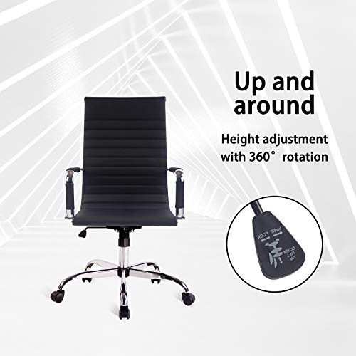 Elecwish Modern Office Executive Swivel Chair, High Back Adjustable, Tall Ribbed, Pu Leather, Wheels Arm Rest Computer, Chrome Base, Home Furniture, Conference Room Reception (Black) Set of 2 - Thumbnail 4