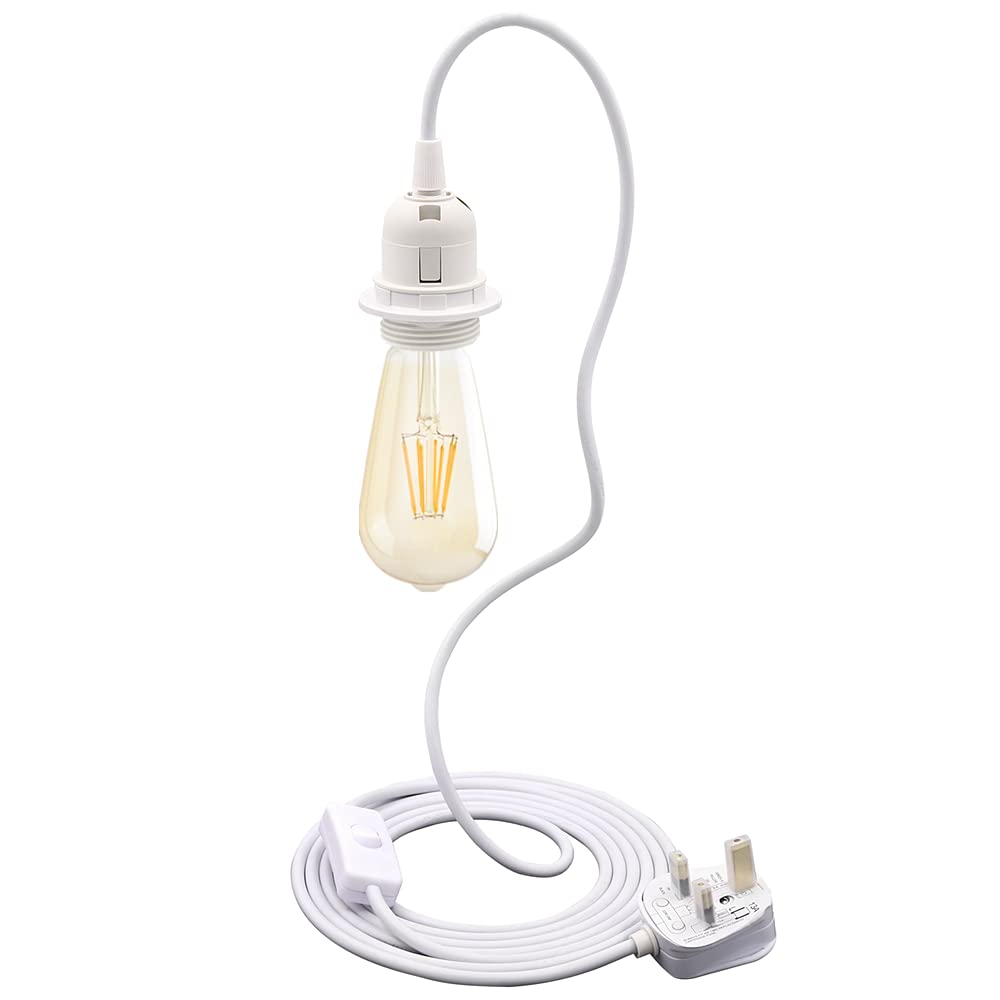 Plug in Pendant Light Cord, UK Plug Pendant Lighting Fitting E27 Lamp Holder, 3-Core Extension Thick Cable with Switch Hanging Lights Cable for DIY Lampshade(No Bulb)