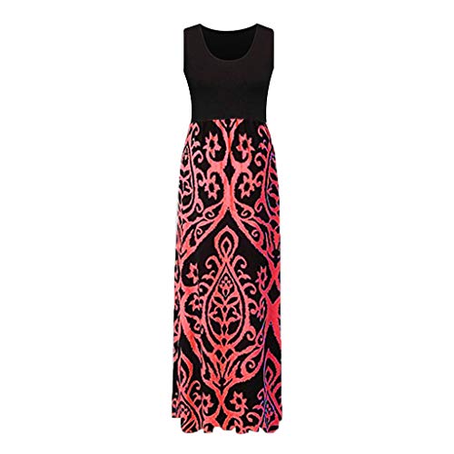 Duseedik Women's Pacthwork Dresses Plus Szie Summer Casual Sleeveless O-Neck Print Maxi Tank Long Beach Dress Red