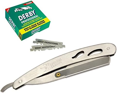 Classic Samurai CS-102N Stainless Steel Professional Barber Straight Edge Razor with 100 Count Derby Single Edge Razor Blades (Silver Light Gray)