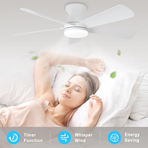 Depuley Modern Ceiling Fan with Light: Small 42 inch White Fan - Dimmable Ceiling Fan with Remote Control 5 Reversible White Blades 6 Speeds Timer