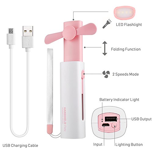 Portable Handheld Personal Fan Rechargeable Battery Operated Fan Quiet Foldable with 2200mAh Power Bank & Led Flashlight, 15-25H Long Working Time for Hot Summer Travel Shopping Outdoor Sports (Pink)