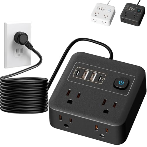 KIROGILY Multicontacto Extension Electrica con Protector Supresor de Picos Voltaje, 8 En 1 Regleta Multicontactos USB Hogar Oficina, Sleek Socket con Enchufe Plano, 4 Salidas Y 4 USB (2 USB-C), 1.8 M