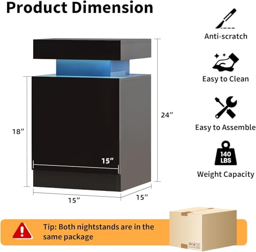 SiliBamb Nightstand Set of 2 with LED Lights, Night Stand with Storage Cabinet for Bedroom, Bedside Table with LED, Black