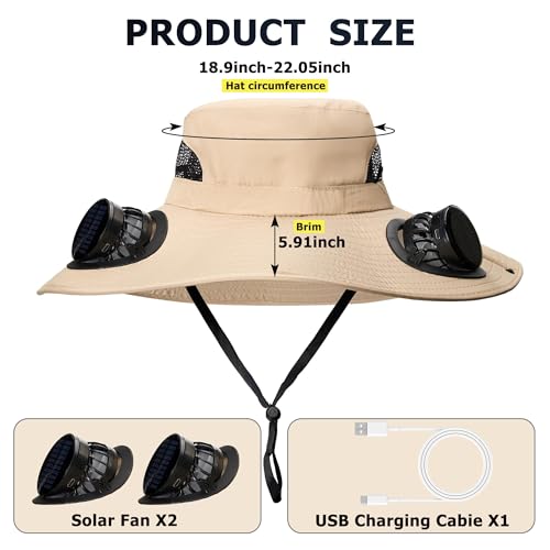 Solar Fan Sun Hat for Men Wide Brim Hat Outdoor Sun Cap with 2 Solar Fan Fishing Hat, UPF 50+, Removable & USB Charging