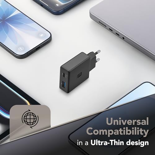 Cargador de Red Power Lite 45 W con Doble Puerto USB-C 45 W y USB-A 18 W Carga rápida simultánea tecnología GAN+ diseño Compacto, Negro