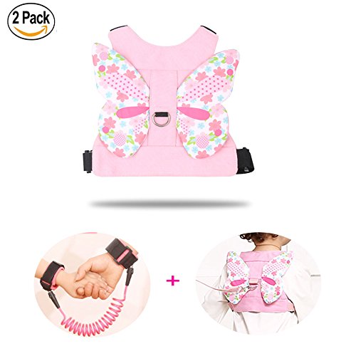 Anti Lost Wrist Link + Toddlers Leash 2 packs Child Walking Safety Harness Kids Wristband Assistant Strap Belt (Butterly pink)