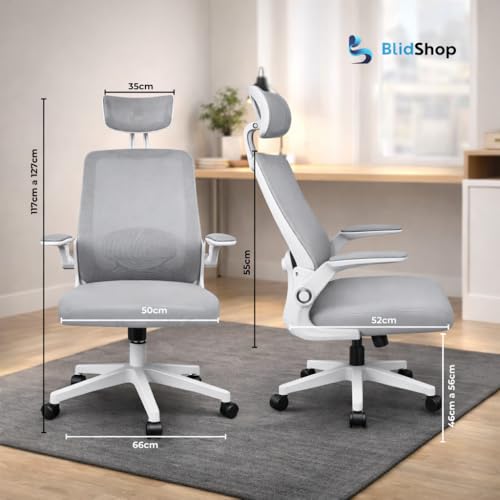 BlidShop Cadeira de Escritório Ergonômica, Suporte 120kg, Ajuste Lombar, Apoio de Cabeça, Tela Mesh Premium, Giratória, Home Office (Branca e Cinza)