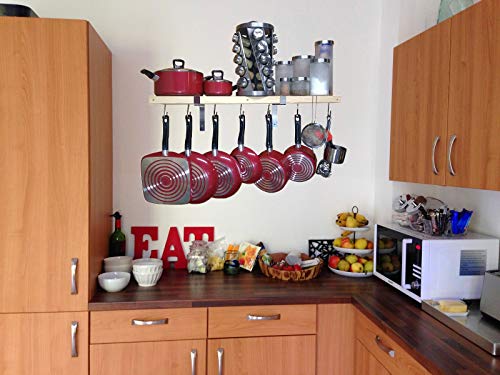 36" wooden wall mounted pot rack with 10 hooks. Wall rack. Pan rack. Hanging pot rack. Wood Pan Pot hanger. Hanging pot holder. Kitchen wall shelf. Kitchen pots pans organizer shelf 36x10 inch chrome - Thumbnail 3