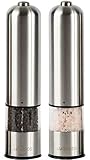 Electric Salt and Pepper Grinder Set - Automatic, Refillable, Battery Operated Stainless Steel Spice Mills with Light - One Handed Push Button Peppercorn Grinders and Sea Salt Mills