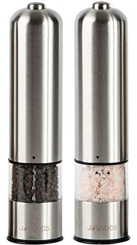 Electric Salt and Pepper Grinder Set - Automatic, Refillable, Battery Operated Stainless Steel Spice Mills with Light - One Handed Push Button Peppercorn Grinders and Sea Salt Mills