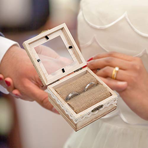 senover Wooden Wedding Ring Box Shabby Chic Wedding Ring Bearer Box Ring Bearer Pillow for Anniversary Valentine's Day Engagement Decorative Jewelry Box Favor Gift
