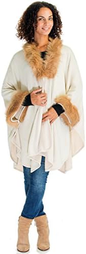 Ladies / Women's Elegant Cardigan Faux Fur Collar With Poncho Shawl Cloak (One Size, Cream)