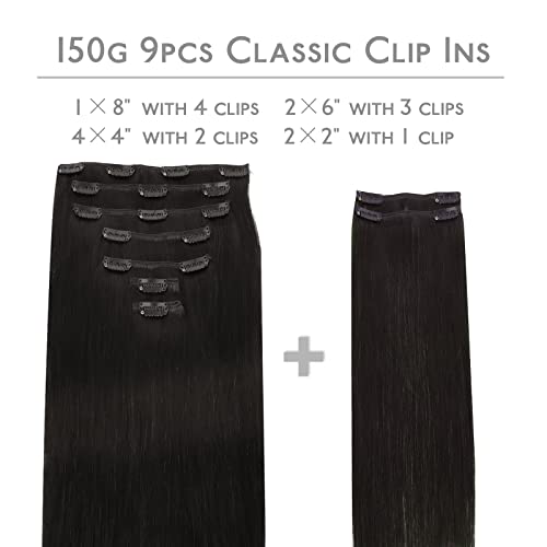 WENNALIFE Clip in Hair Extensions Human Hair 20 Inch 150g 9pcs Natural Black Hair Extensions Clip in for Women Real Human Hair Rallonge Cheveux Humain Double Weft Thicken Real Hair Extensions