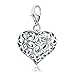 Sterling Silver 3D Cut Out Filigree Heart Love with Lobster Clasp Charm for Charm Bracelet