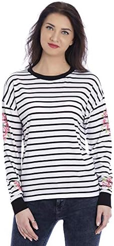 MARCA Disati Women's Round Neck Long Sleeves Striped T-Shirts Black