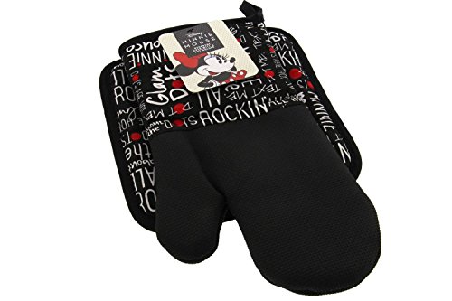 Disney Puppet Oven Mitt & Potholder w/Neoprene for Easy Gripping, Heat Resistant up to 500 Degrees F, Minnie Mouse Glam Dots, Black