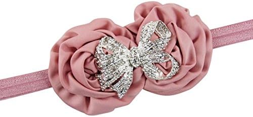 Mauve Flower Headband, Handmade Fairy Factory Dusty Rose Satin Rosette Headband Or (Stretchy) Bow with Crystal Rhinestones - Mauve