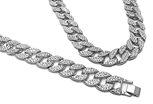 Shop-iGold Mens Iced Out Hip Hop Silver Finish CZ Miami Cuban Link Chain Necklace and Bracelet Set (9" Bracelet & 30" Chain)