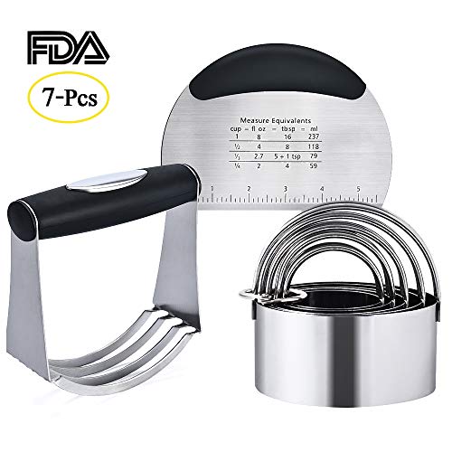 MASGALACC Pastry Scraper Biscuit Cutter Set (5 Pieces/Set) Stainless Steel Dough Blenders Round Cookie Cutter Set Multipurpose Scraper for Baking Pastry