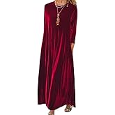 Melliflo Velvet Dress for Women Casual Crewneck Shirt Dresses Elegant Cocktail Long Sleeve Maxi Dress with Pocket