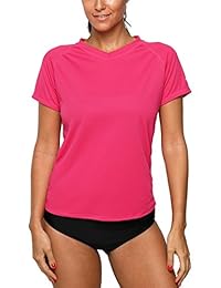 Camiseta de natación de manga corta para dama, cuello en V, protección contra rayos UV