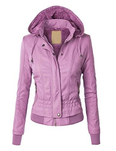 CTC WJC851 Womens Faux Fur Hooded Vegan Leather Jacket M VIOLET