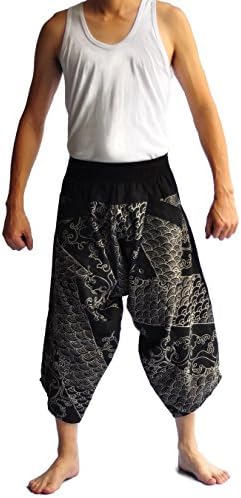 Siam Trendy Men's Japanese Style Pants One Size Black Dragon sea
