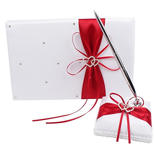 Youzpin 2Pcs Romantic Wedding Ceremony Party Favor Sets, Double Heart Rhinestone Decor Wedding Guest Book +Pen Set for Elegant Wedding Birthday Party Baby Shower Wedding Decoration Supplies