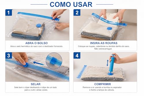 Kit 10 Sacos a Vácuo 50x60 Resistente com Bomba Manual Reutilizável Proteção Contra Poeira e Odores Economia de Espaço para Roupas e Viagem