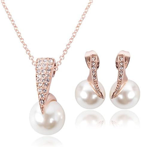 KAVANI Rose Gold Plated Elegant Pearl Pendant Necklace Earrings Set Jewelry Set for Women